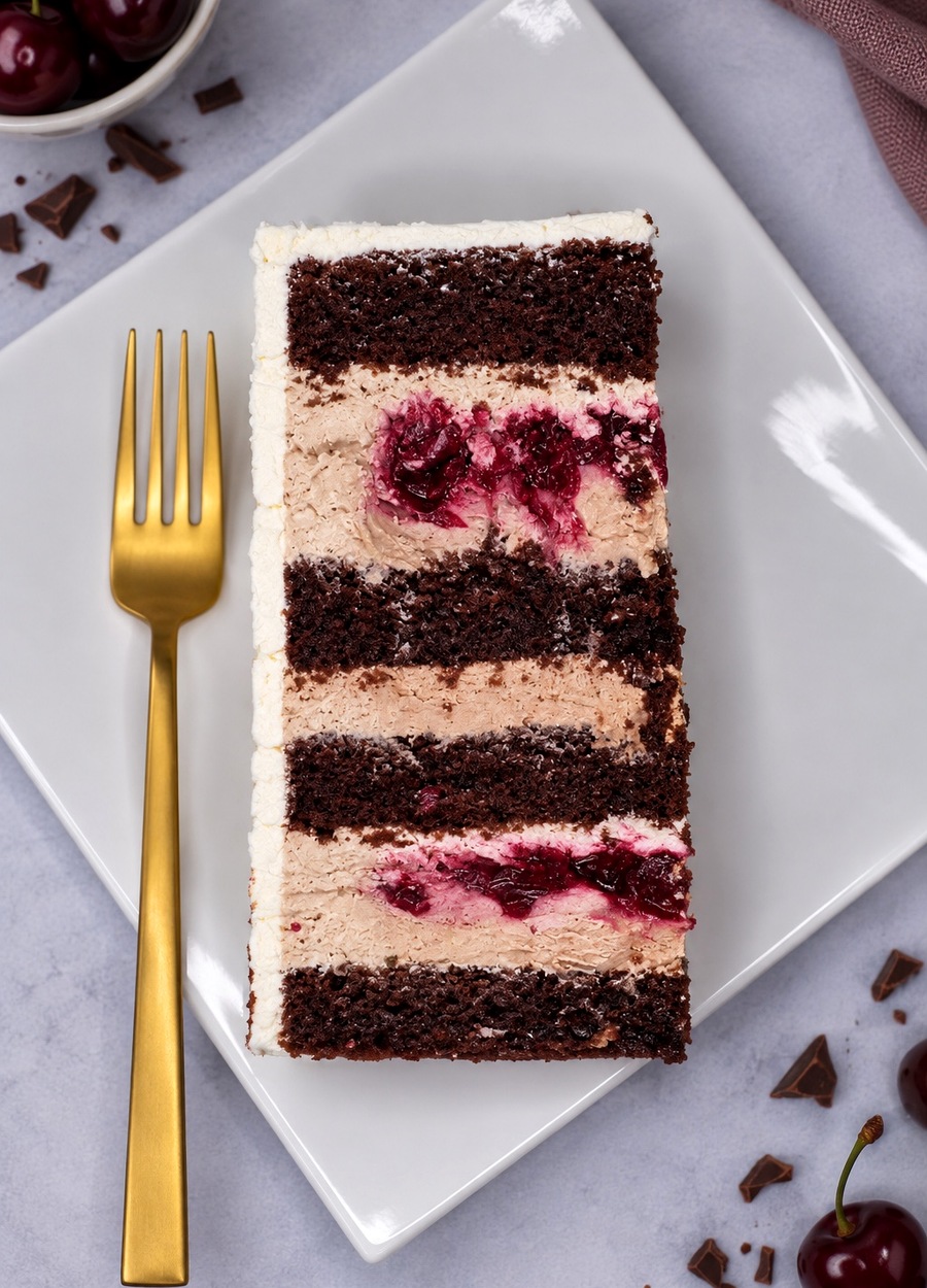 Stück Schokolade-Kirsch-Torte