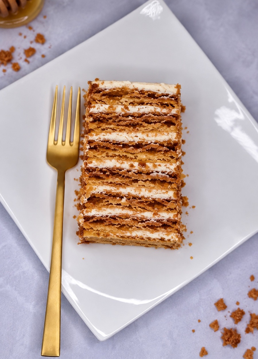 Stück Medovik Honigtorte